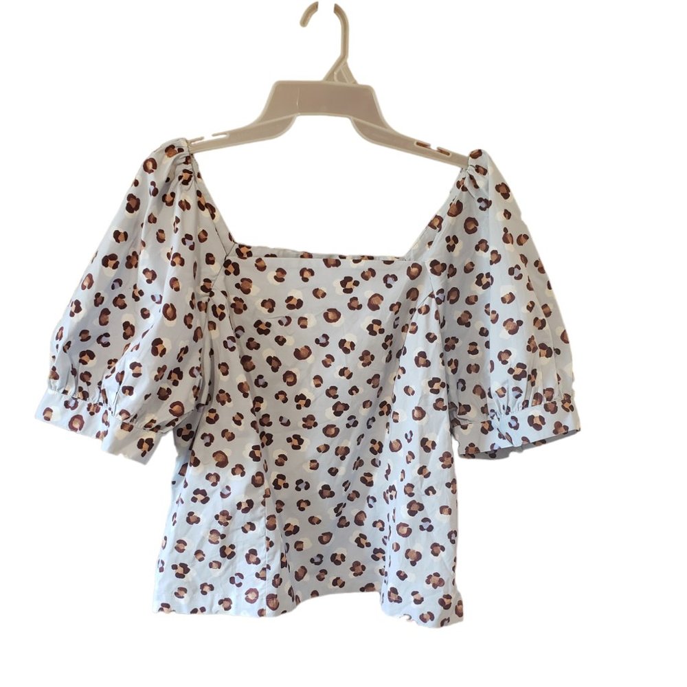 NWT Ann Taylor Animal Print Puff-Sleeve Square-Neck Shirt Top Blouse L New